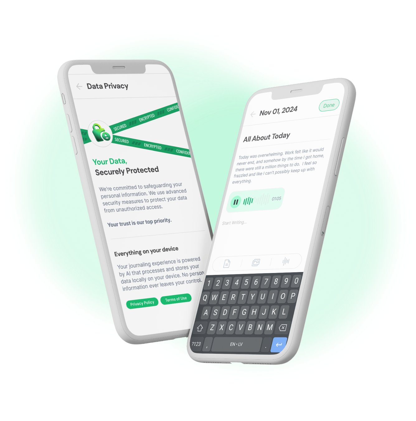 Mirror Connect mobile app interface with journaling and reflection tools